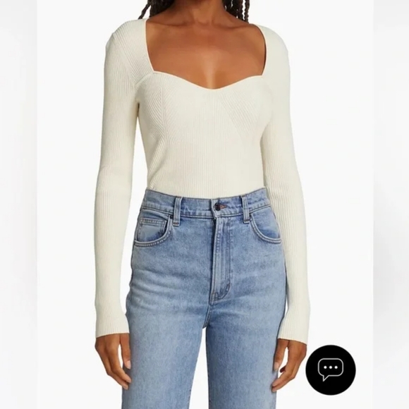 Veronica Beard cream long sleeve Gladys rib-knit sweetheart neckline top size M